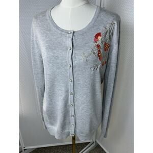 Esperanza Gray Embroidered Floral XL Sweater Cardigan Secretary Retro